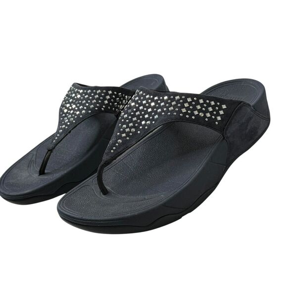 FitFlop Novy Suede Toe-Post Sandals Size 9 Blue Embellished Thong Wedge Comfort - Picture 3 of 8